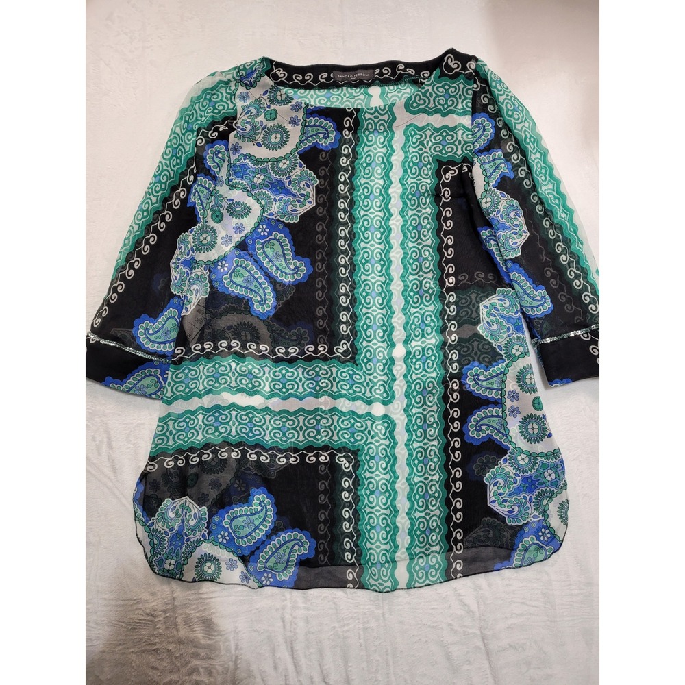 Sandro Ferrone‎ Tunic Top Womens XL Blue Paisley Scarf Print Chiffon Italy